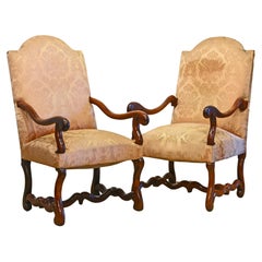 Pair of Early 19th C. French Provincial  Baroque Style Damask Covered Armchairs