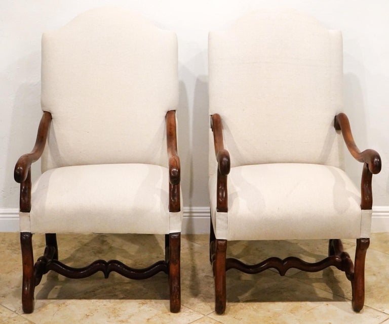 Hand-Carved Pair of Early 19th C. French Provincial  Baroque Style Upholstered Armchairs For Sale