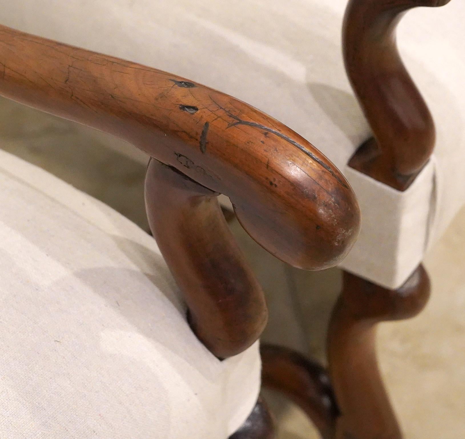 Hand-Carved Pair of Early 19th C. French Provincial  Baroque Style Upholstered Armchairs
