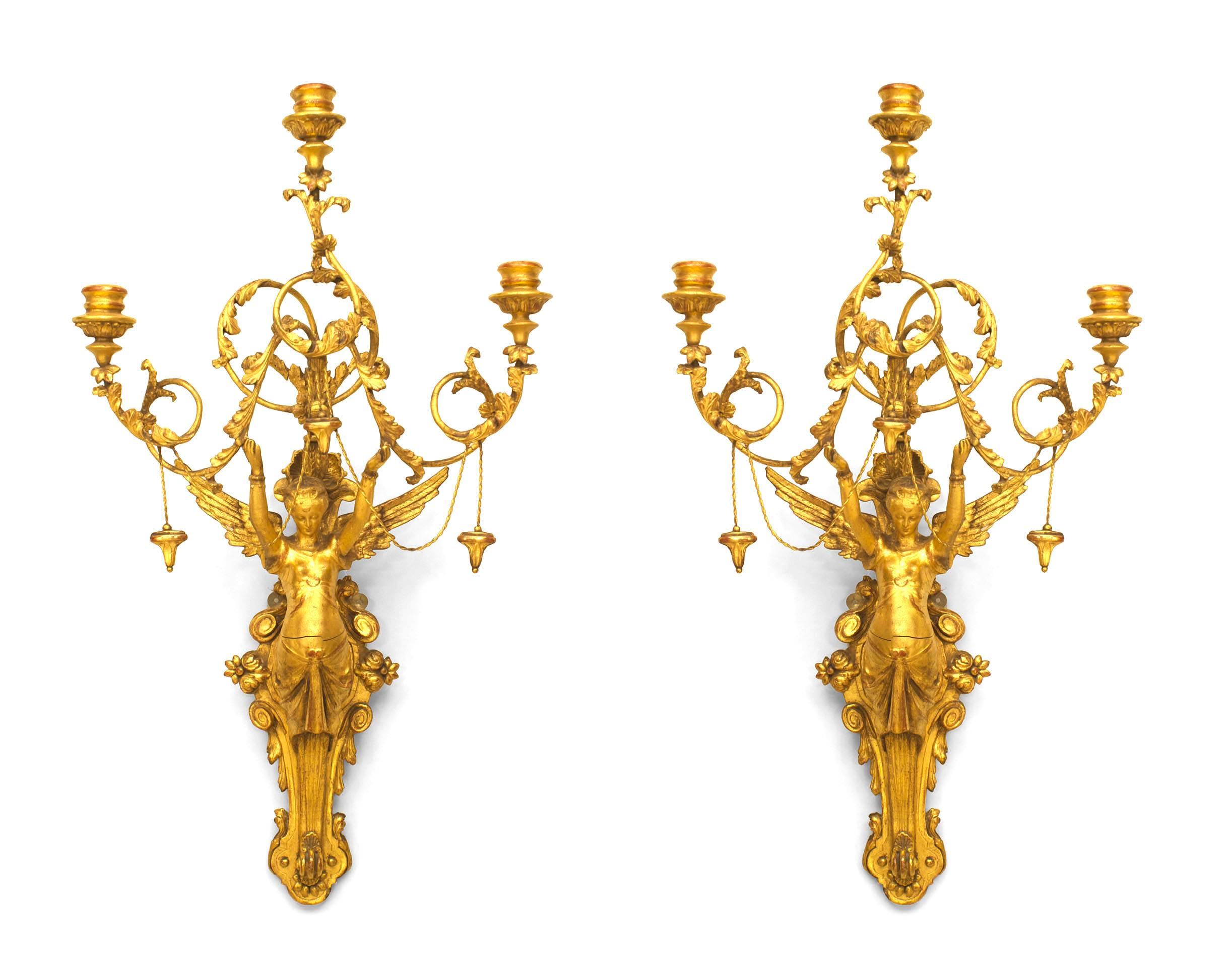 Pair of Italian Neo-Classic Empire (1st Quarter 19th Century) gilt wood 3 light wall sconces with centered classical winged female figure with scrolls and tassel trim. (PRICED AS Pair)
