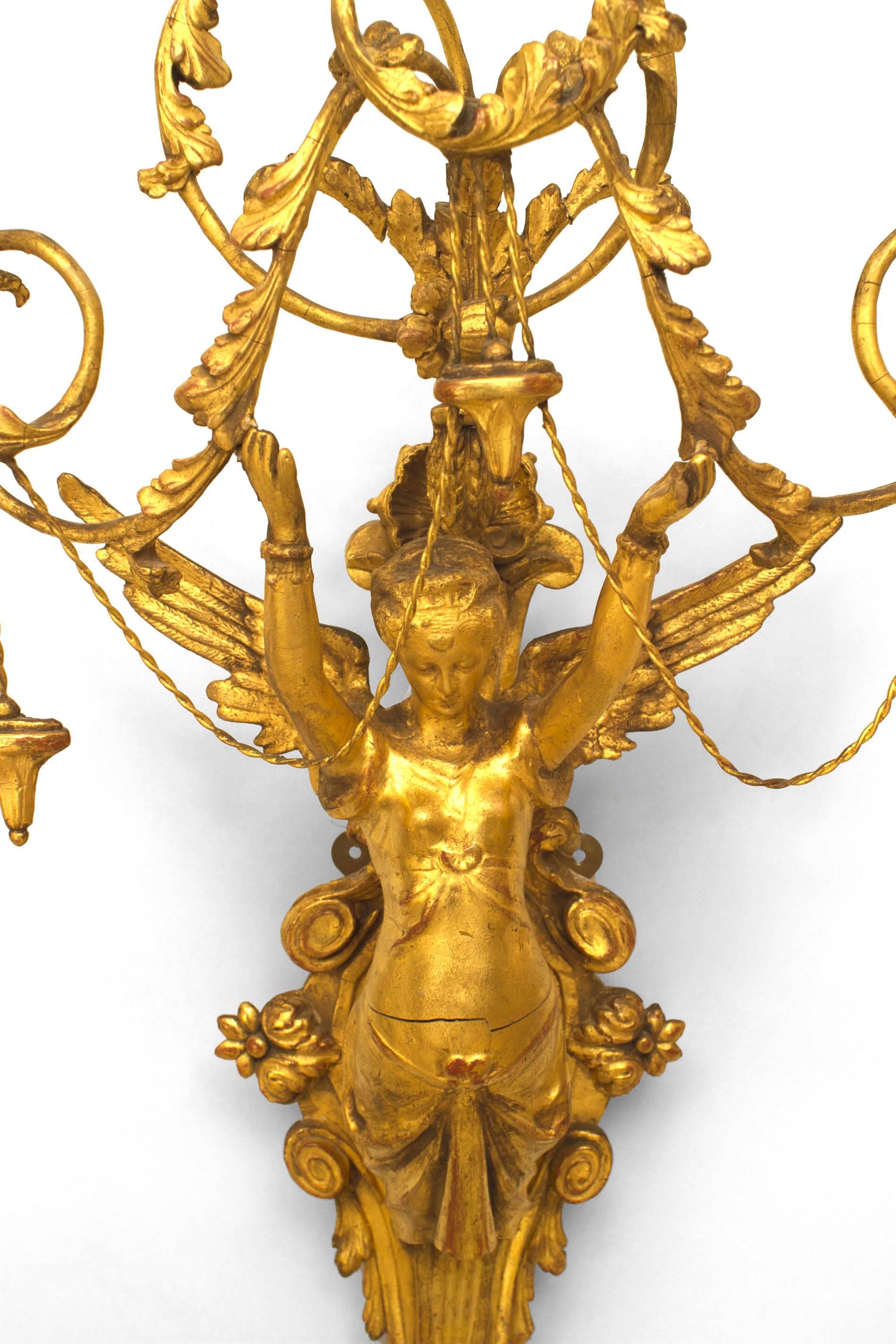 Pair of Italian Neoclassic Empire Gilt Wood Wall Sconces In Good Condition For Sale In Queens, NY