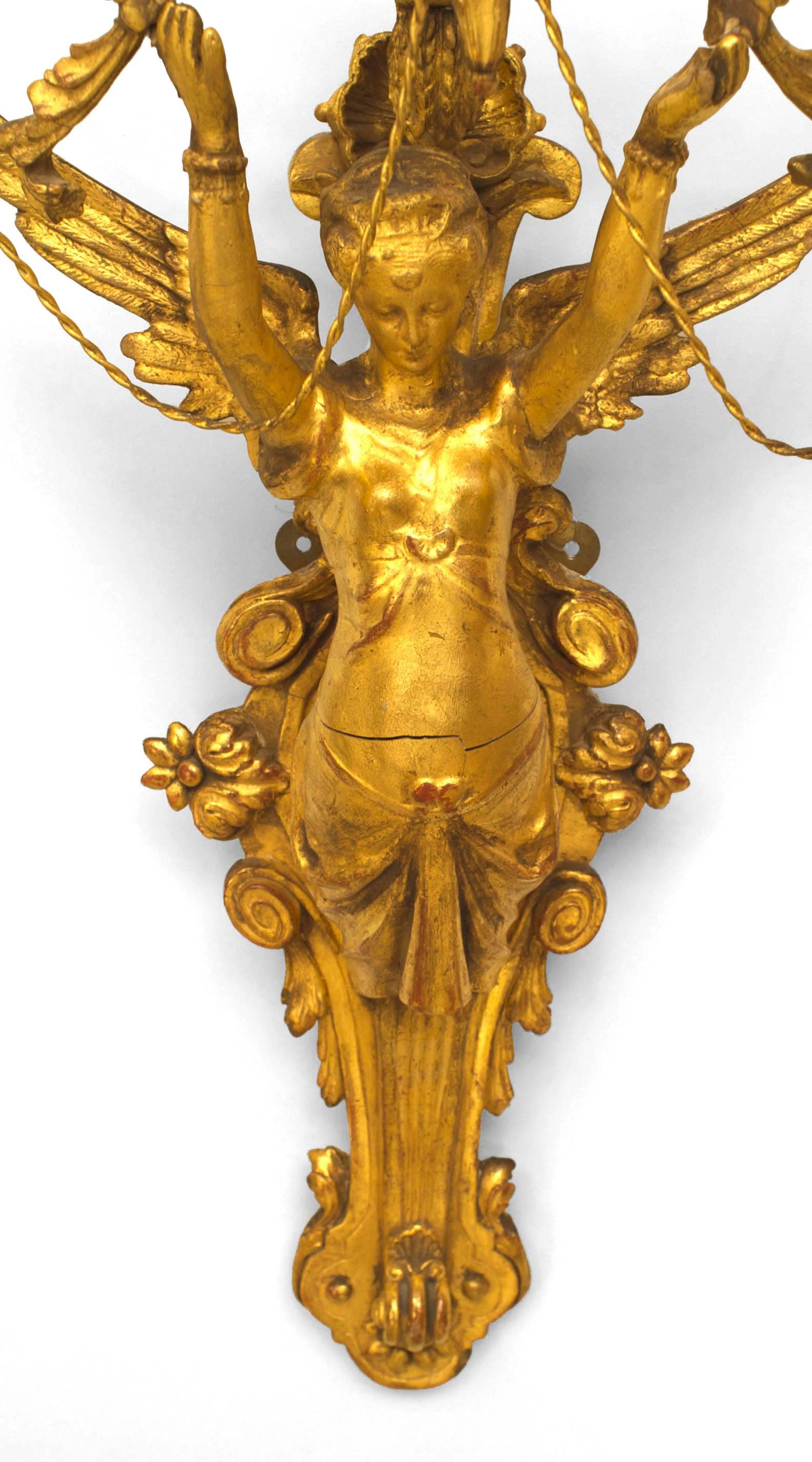 19th Century Pair of Italian Neoclassic Empire Gilt Wood Wall Sconces For Sale