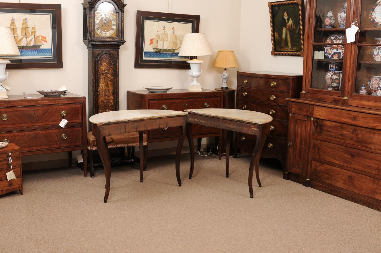 Pair of Early 19th C Italian Walnut Demilune Console Tables w White Marble 10
