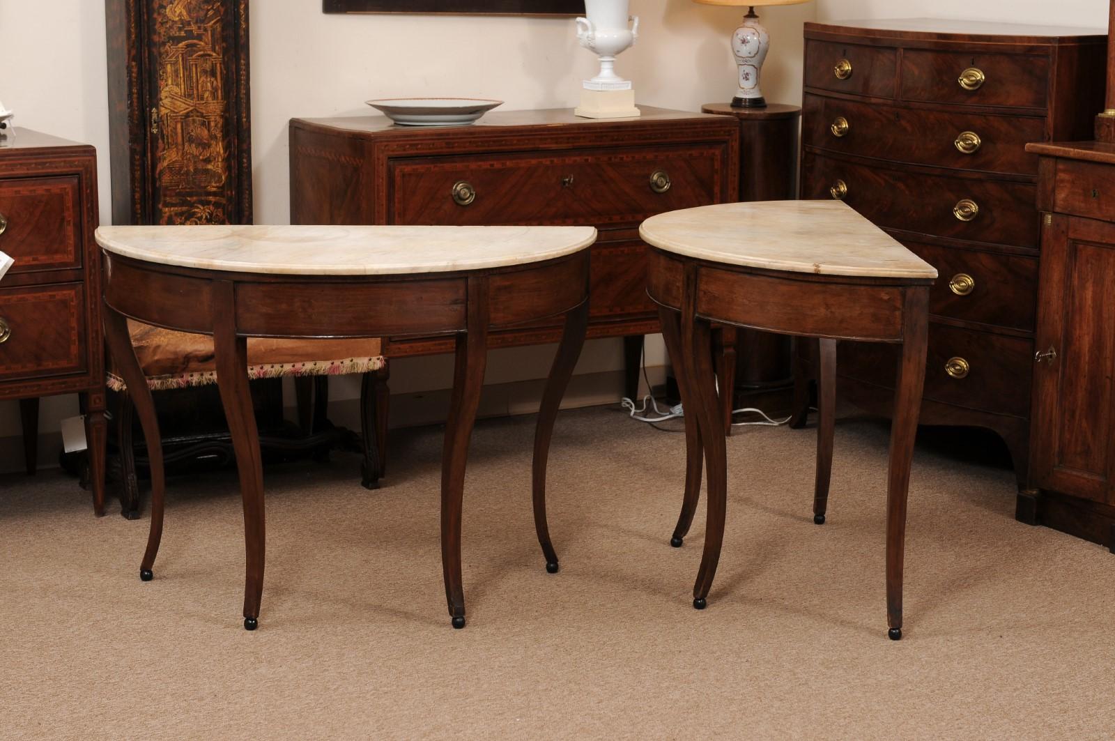 Pair of Early 19th C Italian Walnut Demilune Console Tables w White Marble 13