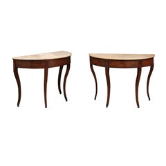Pair of Early 19th C Italian Walnut Demilune Console Tables w White Marble
