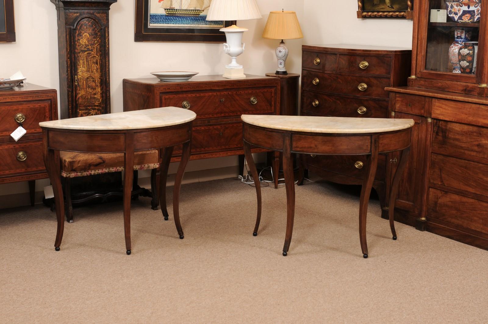 Pair of Early 19th C Italian Walnut Demilune Console Tables w White Marble In Good Condition In Atlanta, GA