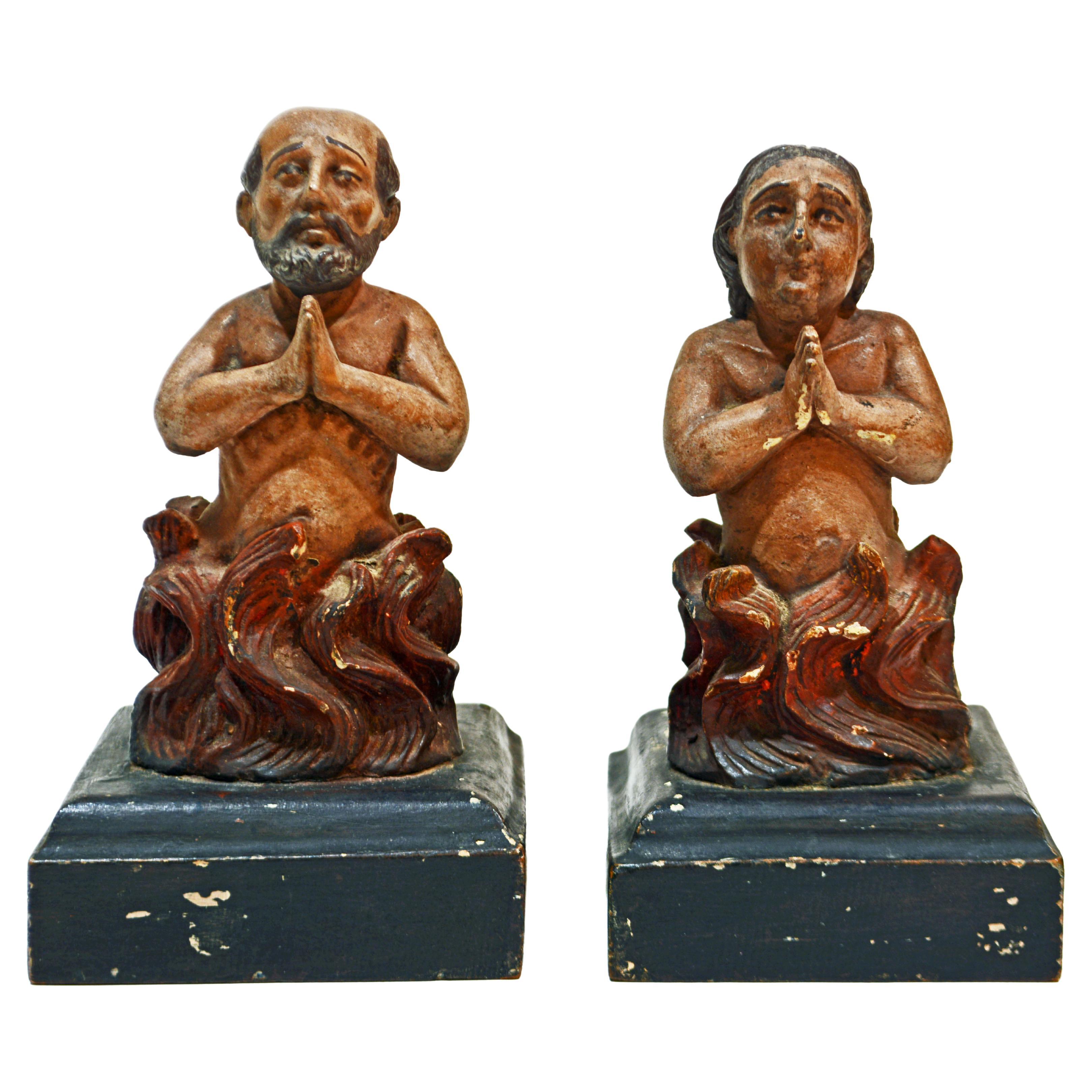 Pair of Early 19th C. Spanish Colonial Carved and Painted 'Anima Sola' Figures
