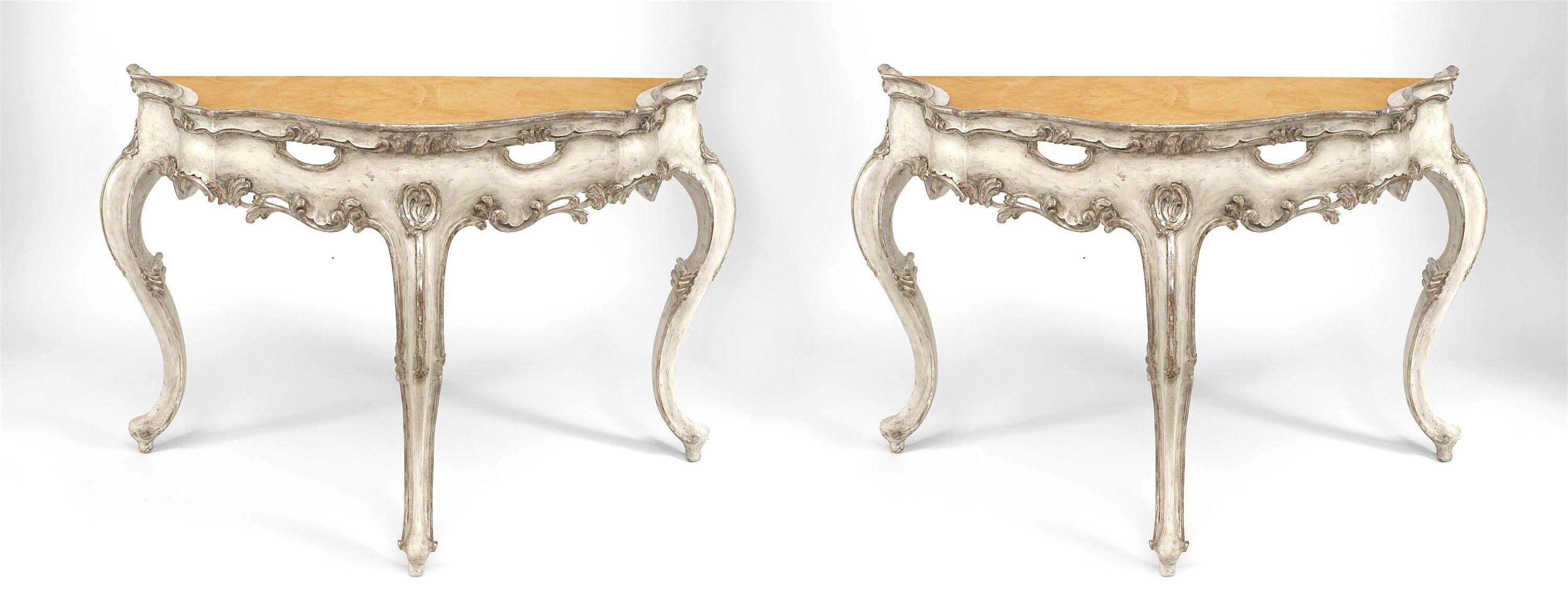 Pair of Italian Rococo-style (Venice, First Quarter 19th Century) silver gilt & white gesso painted console tables with inset shaped Siena marble top & scroll design apron on 3 cabriole legs (PRICED AS Pair)
