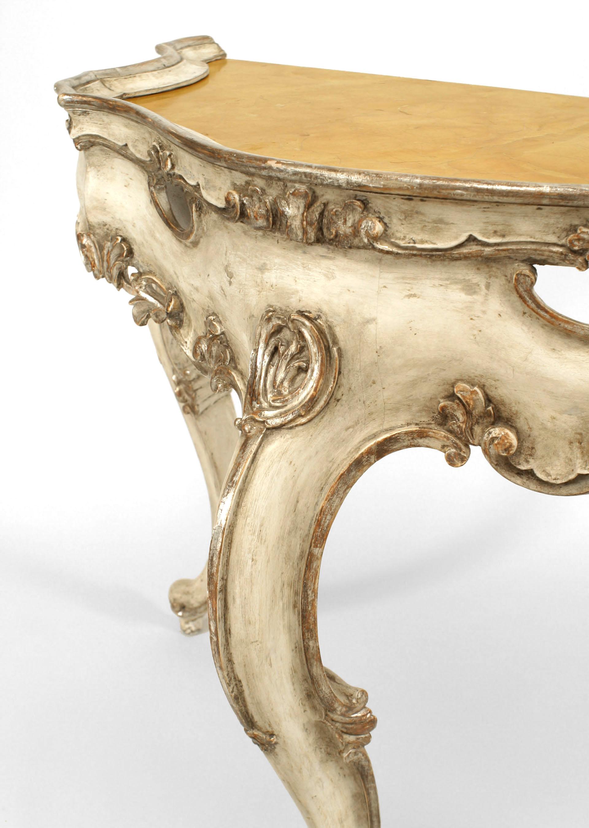 Pair of Italian Rococo Silver Gilt Marble Top Console Tables For Sale 1