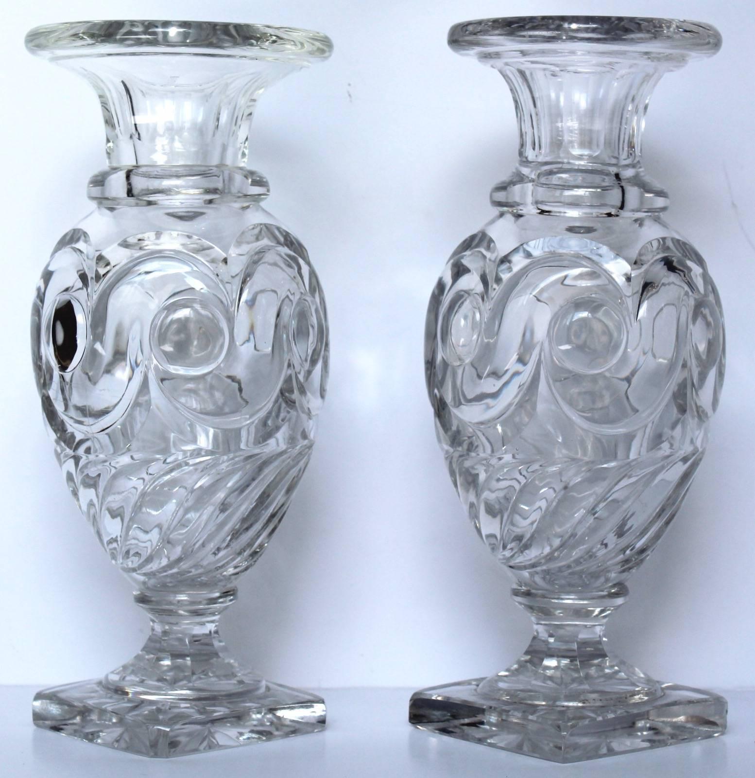 Beautiful and unusual pair of Baccarat crystal vases made during Charles X Period (1824-1830).They were handblown from two different glass 