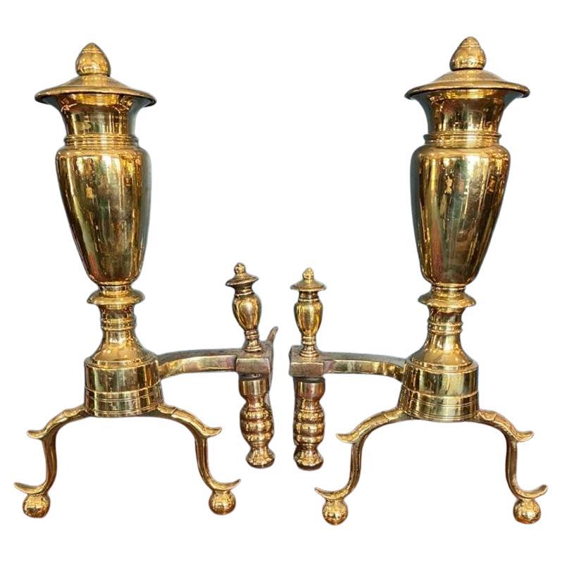 Pair of Early 19th Century American Empire Brass Fireplace Andirons For Sale