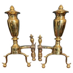 Antique Pair of Early 19th Century American Empire Brass Fireplace Andirons