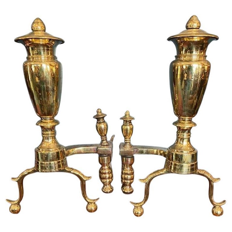 Pair of Early 19th Century American Empire Brass Fireplace Andirons For
