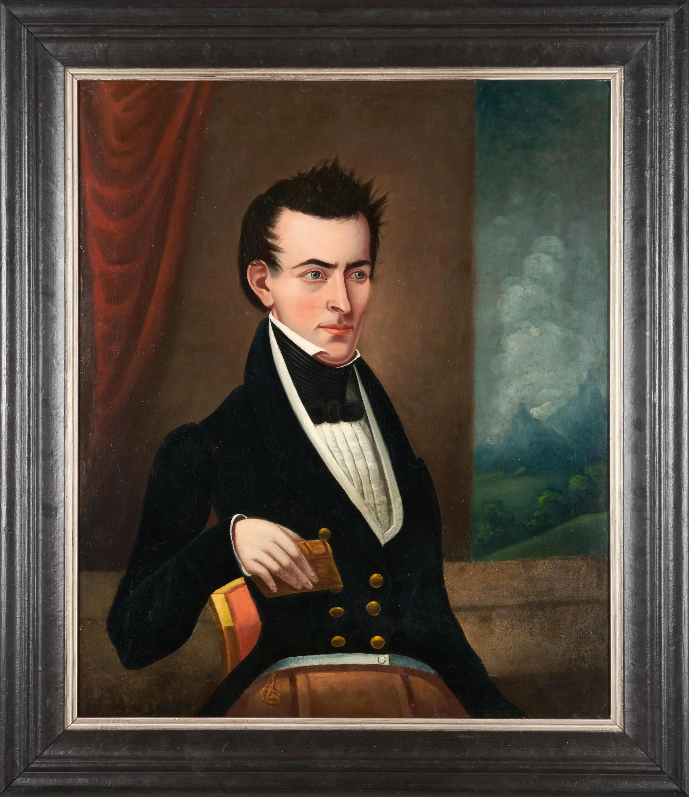 Fantastic pair of early 19th century American folk art portraits featuring a family.  One painitng with the father and the other with the mother and child holding a dove, each wth landscape in the background.  This pair has been professionally