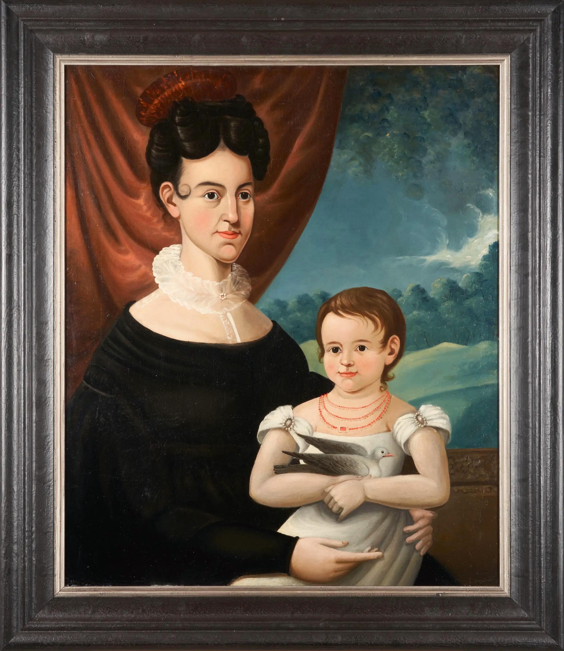 Pair of Early 19th Century American Folk Art Portraits of a Family In Good Condition For Sale In Wiscasset, ME