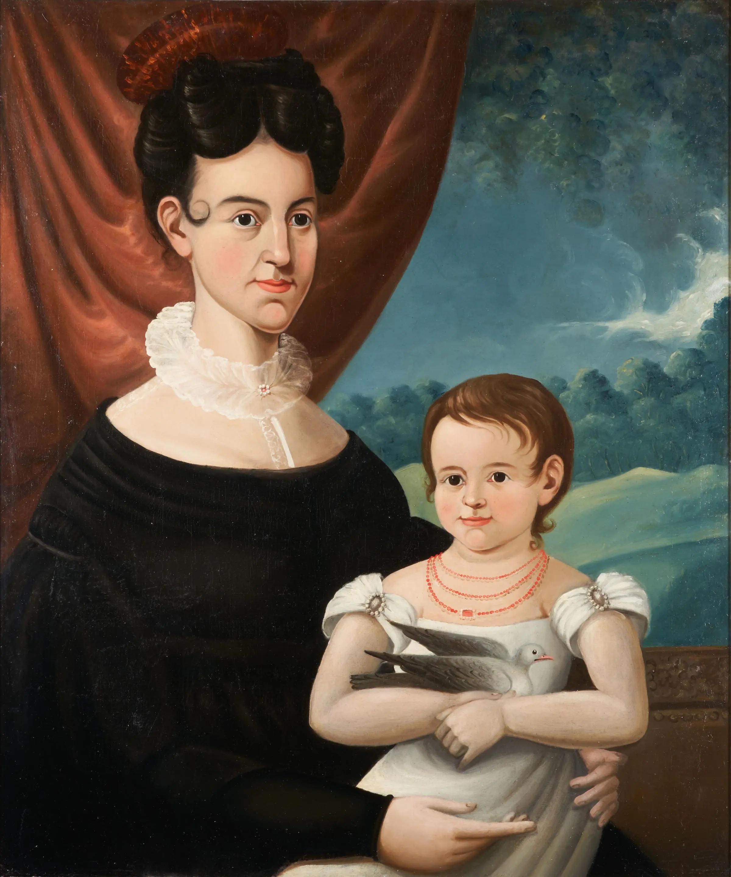 Canvas Pair of Early 19th Century American Folk Art Portraits of a Family For Sale