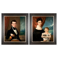 Antique Pair of Early 19th Century American Folk Art Portraits of a Family