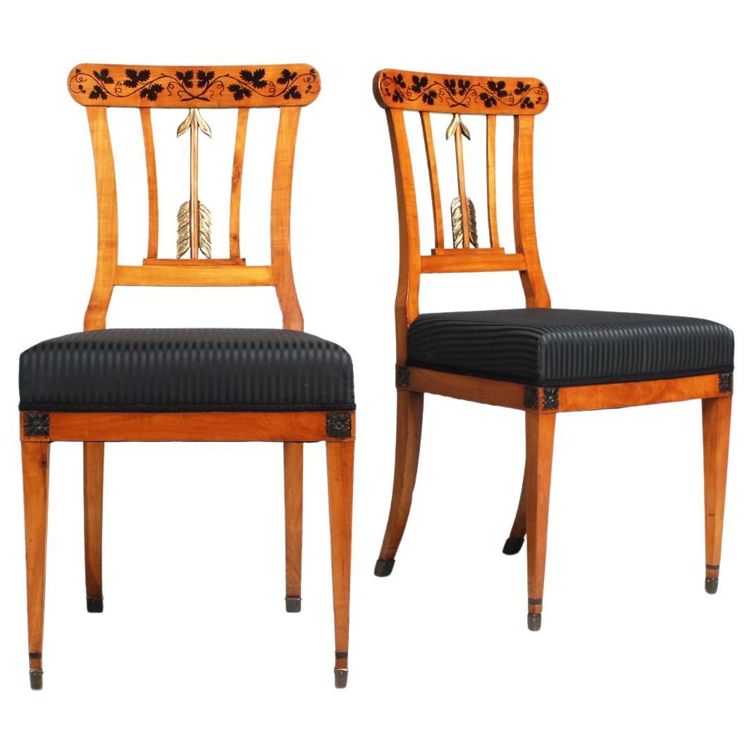 19th Century Pair of Mahogany German Biedermeier Chairs, New Wickerwork
