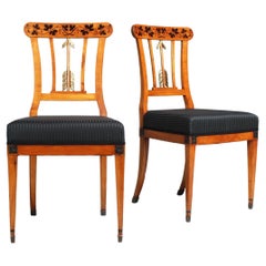 Antique Pair of Early 19th Century Biedermeier Chairs, Cherry, Intarsia, Germany, C 1810