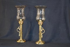 Pair of Early 19th Century Brass Candlesticks with Etched Hurricanes