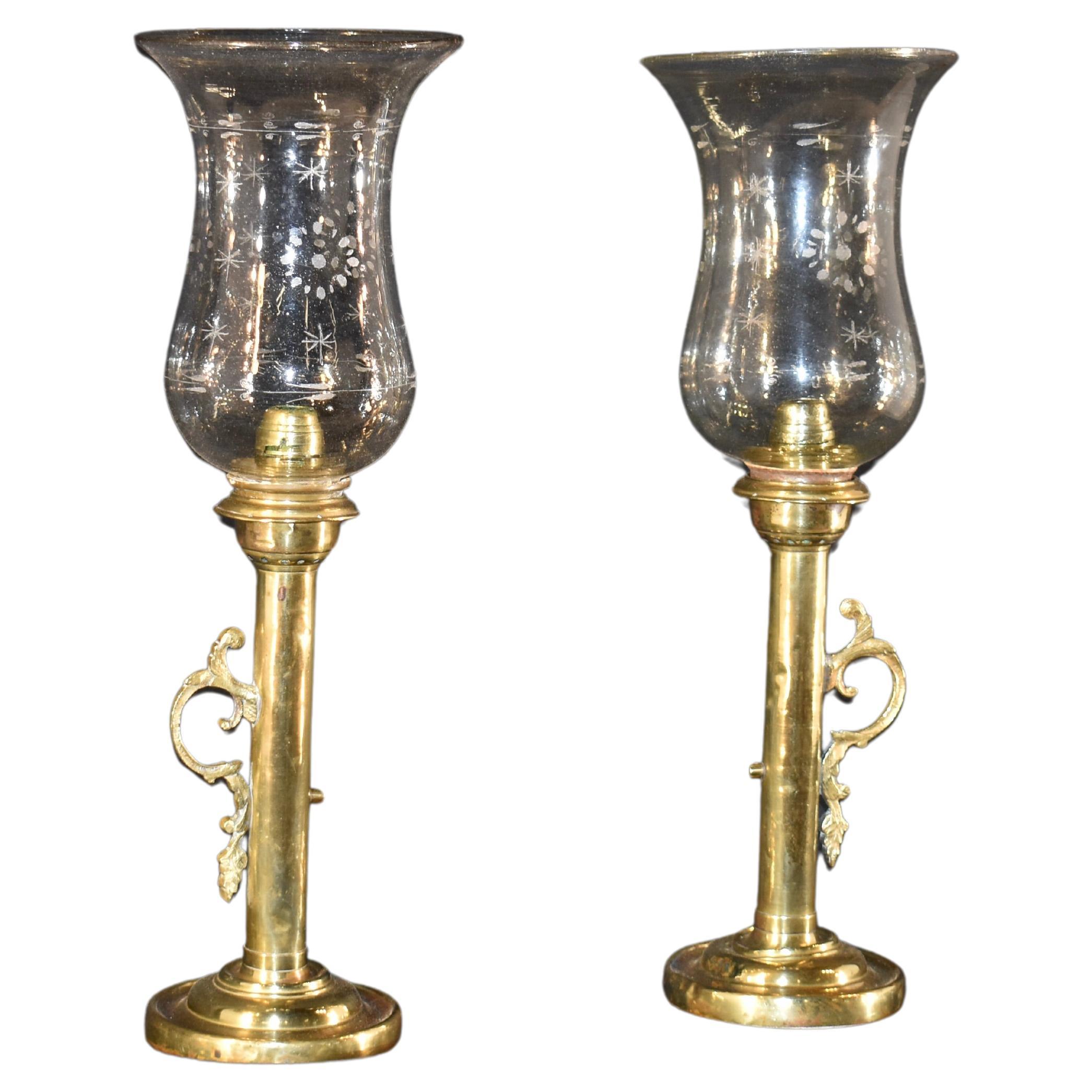 Pair of Early 19th Century Brass Candlesticks with Etched Hurricanes