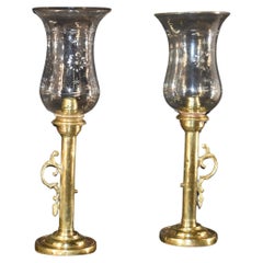 Pair of Early 19th Century Brass Candlesticks with Etched Hurricanes