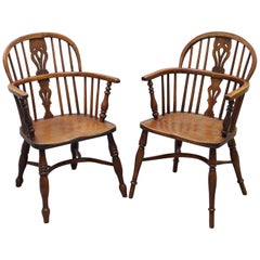 Pair of Early 19th Century Burr Yew Wood and Elm Windsor Armchairs Part Set of 4