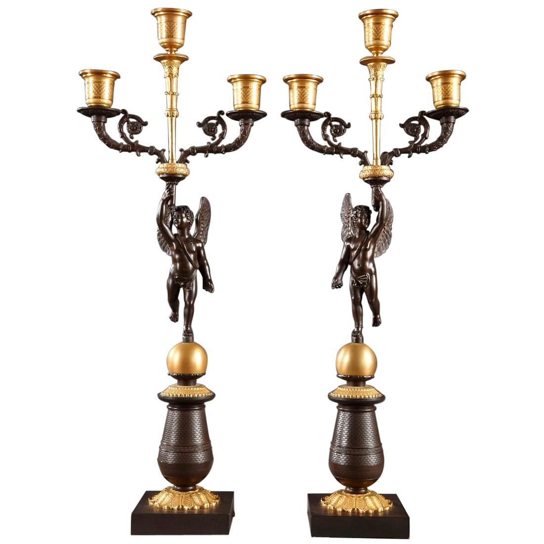 Pair of Early 19th Century Candelabras in Gilded and Patinated Bronze