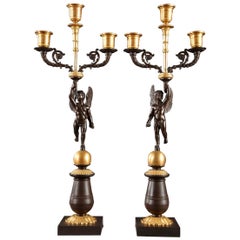 Pair of Early 19th Century Candelabras in Gilded and Patinated Bronze