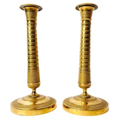 Antique Pair of Early 19th Century Candlesticks in Gilt Bronze, French Empire