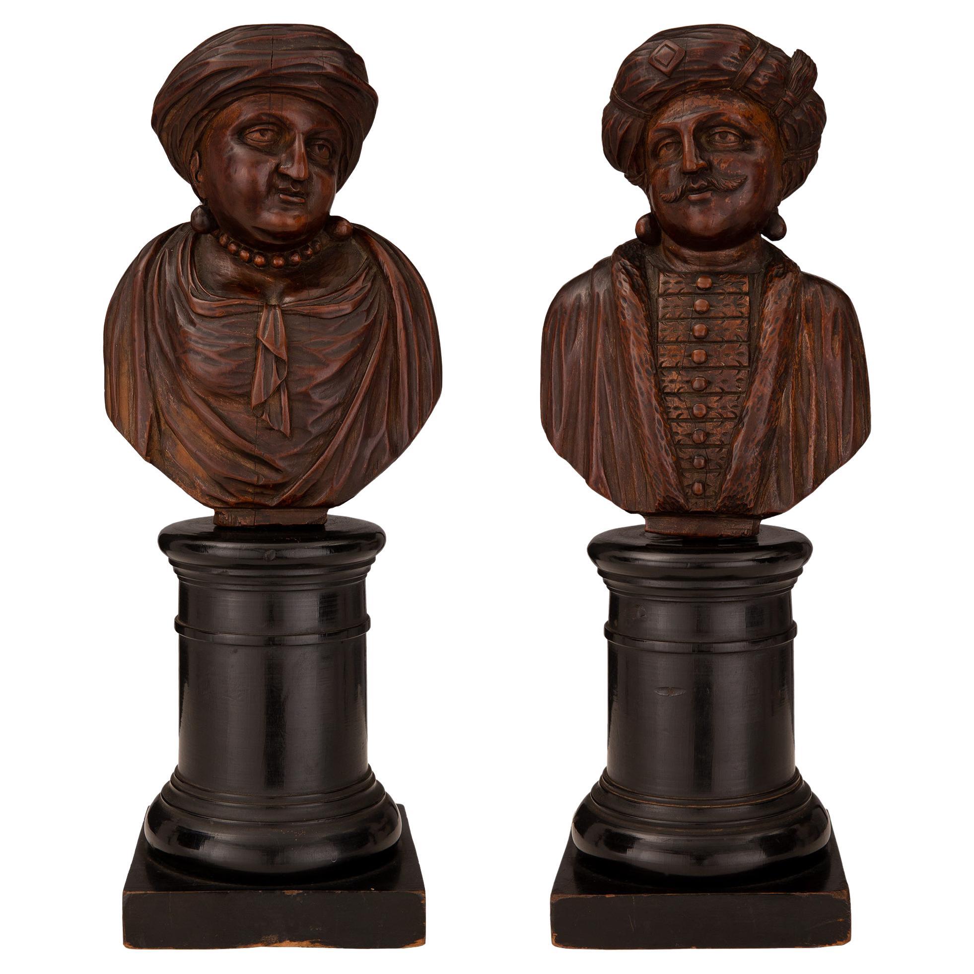 Pair of Early 19th Century Carved Walnut and Fruitwood Busts of Turkish Nobles For Sale