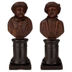 Antique Pair of Early 19th Century Carved Walnut and Fruitwood Busts of Turkish Nobles