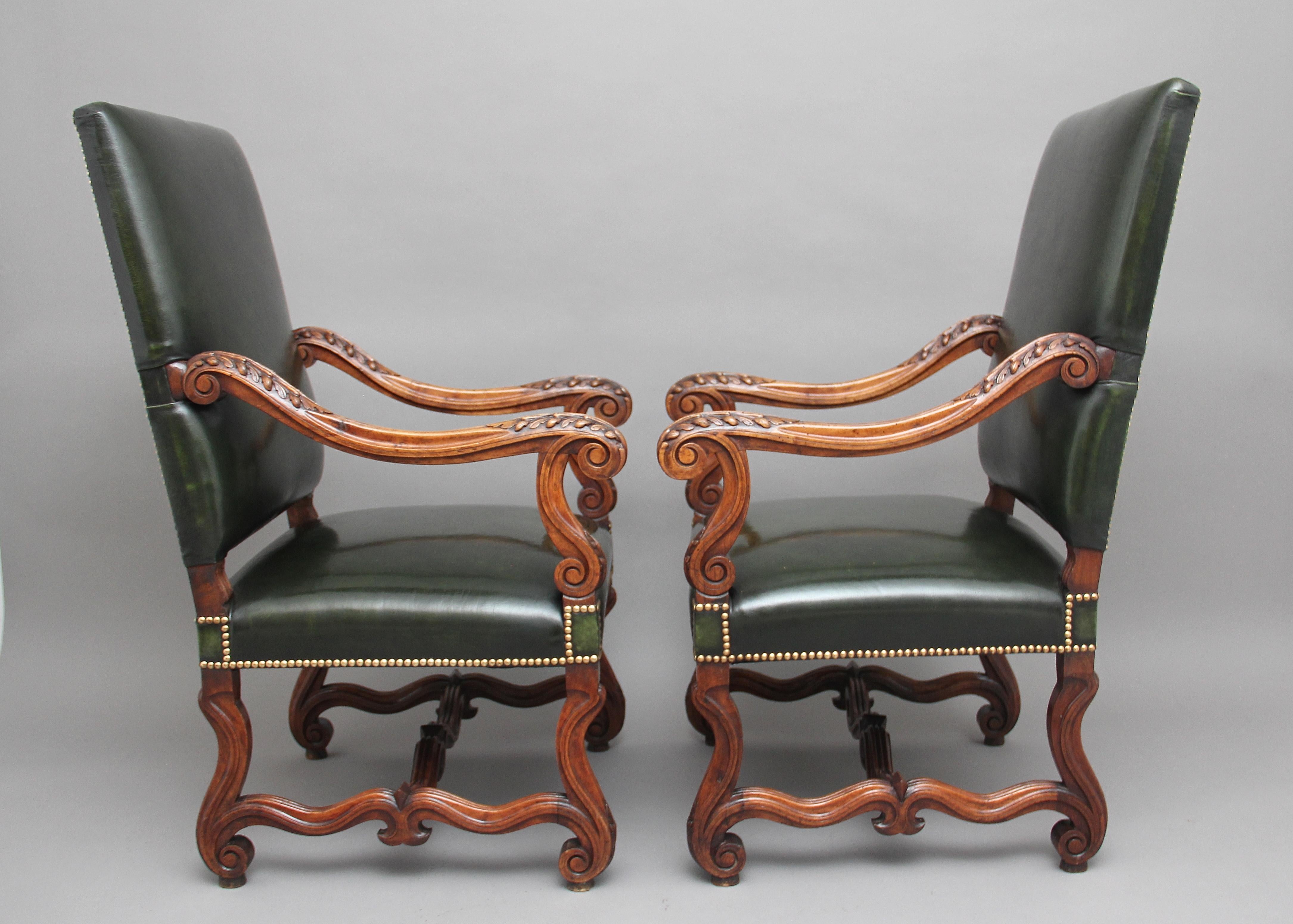 French Pair of Early 19th Century Carved Walnut Armchairs