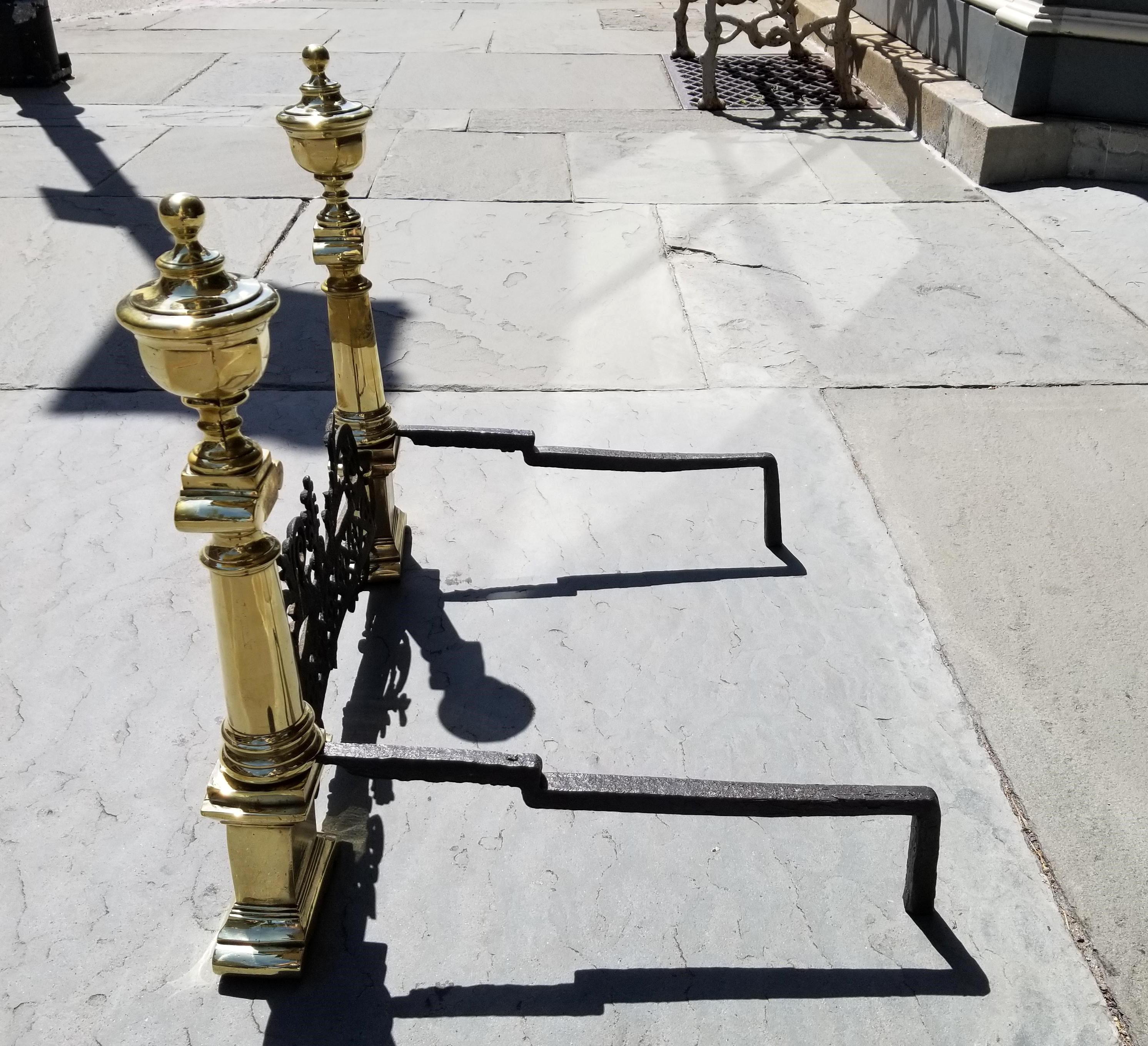 Pair of Early 19th Century Charleston Neoclassical Brass Andirons with Fender 7