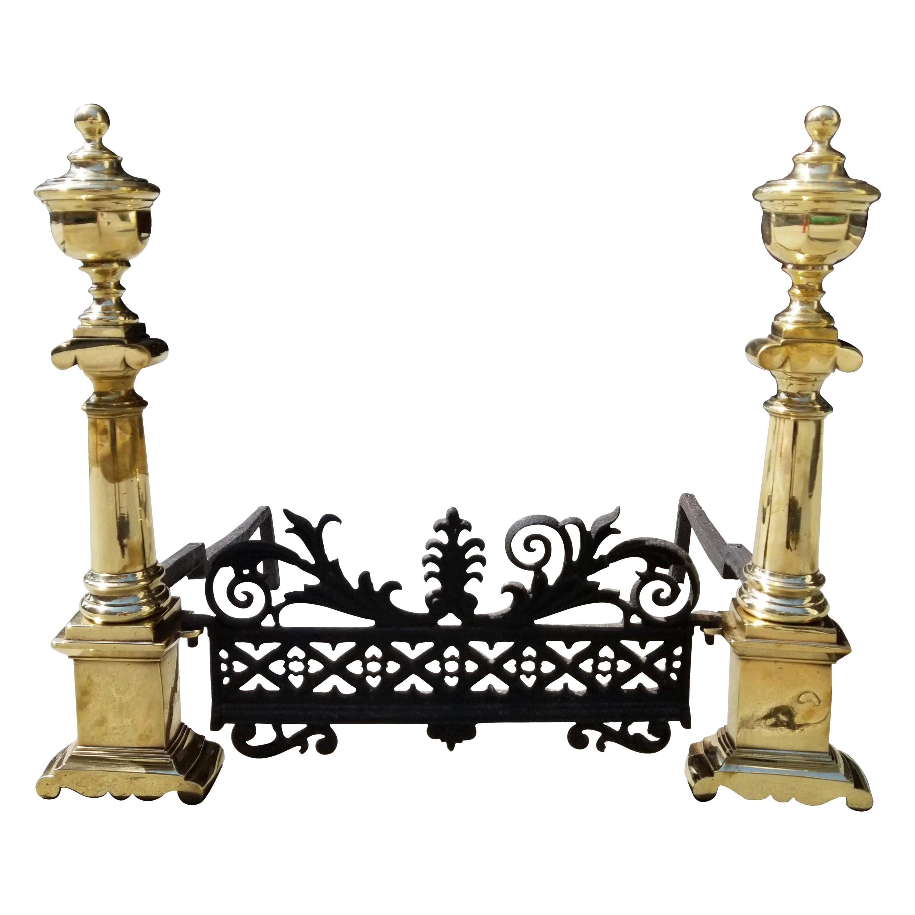 Pair of Early 19th Century Charleston Neoclassical Brass Andirons with Fender