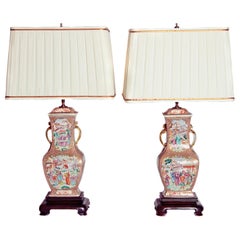 Pair of Early 19th Century Chinese Export Rose Mandarin Porcelain Jars as Lamps
