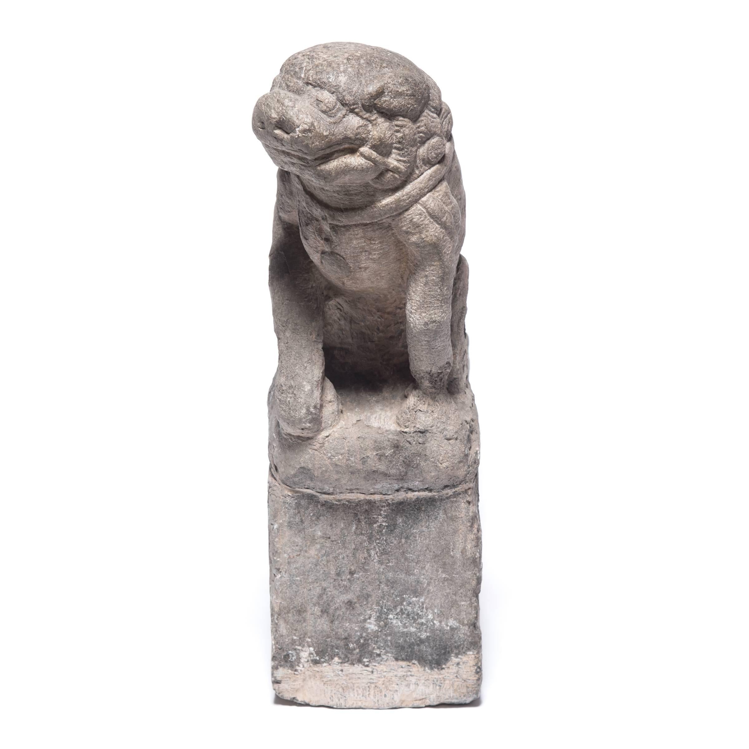 Limestone Pair of Chinese Stone Fu Dogs, c. 1800 For Sale