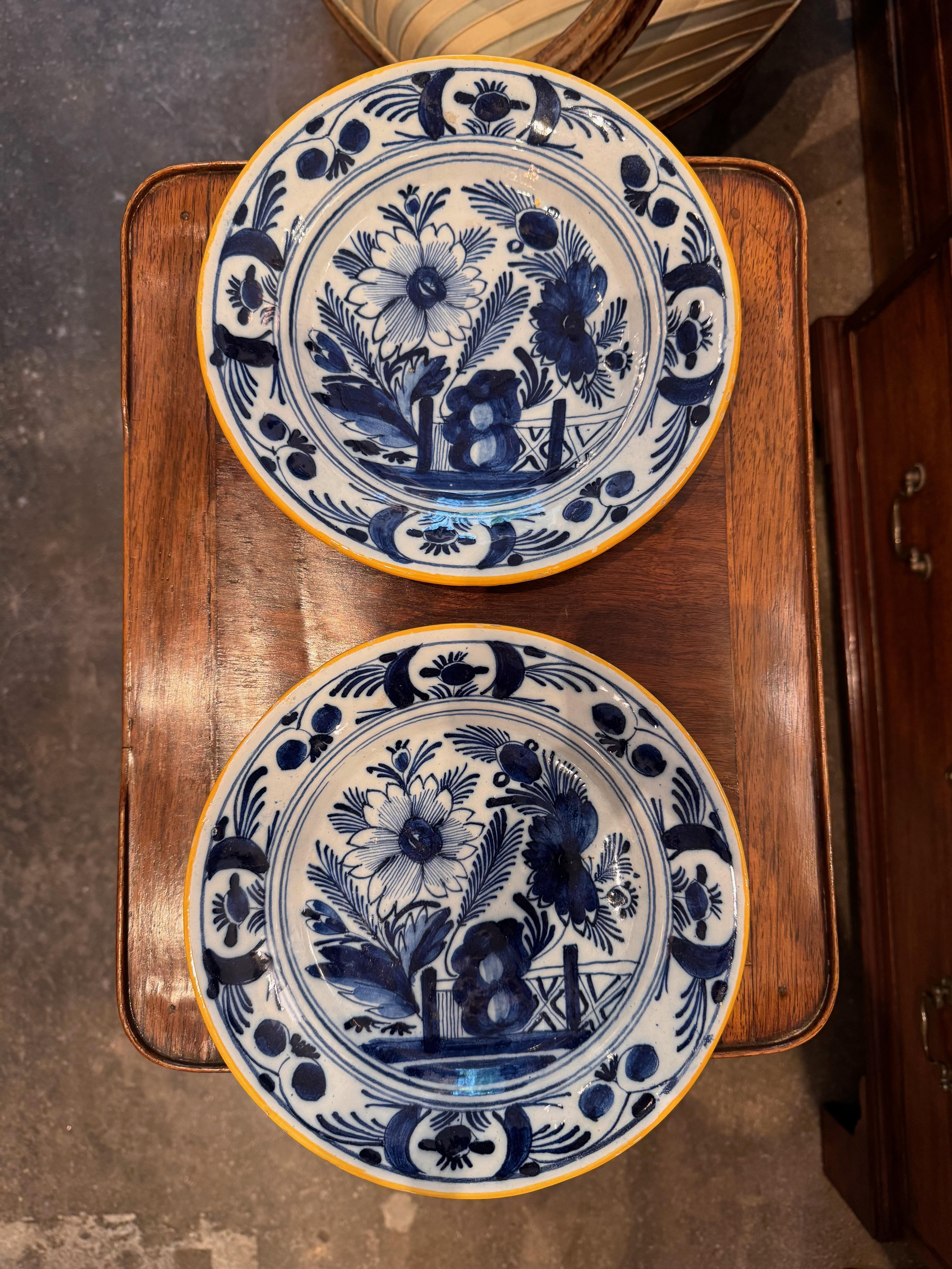 Une paire d'assiettes classiques de Delft avec la bordure jaune. Décorations bleues audacieuses.