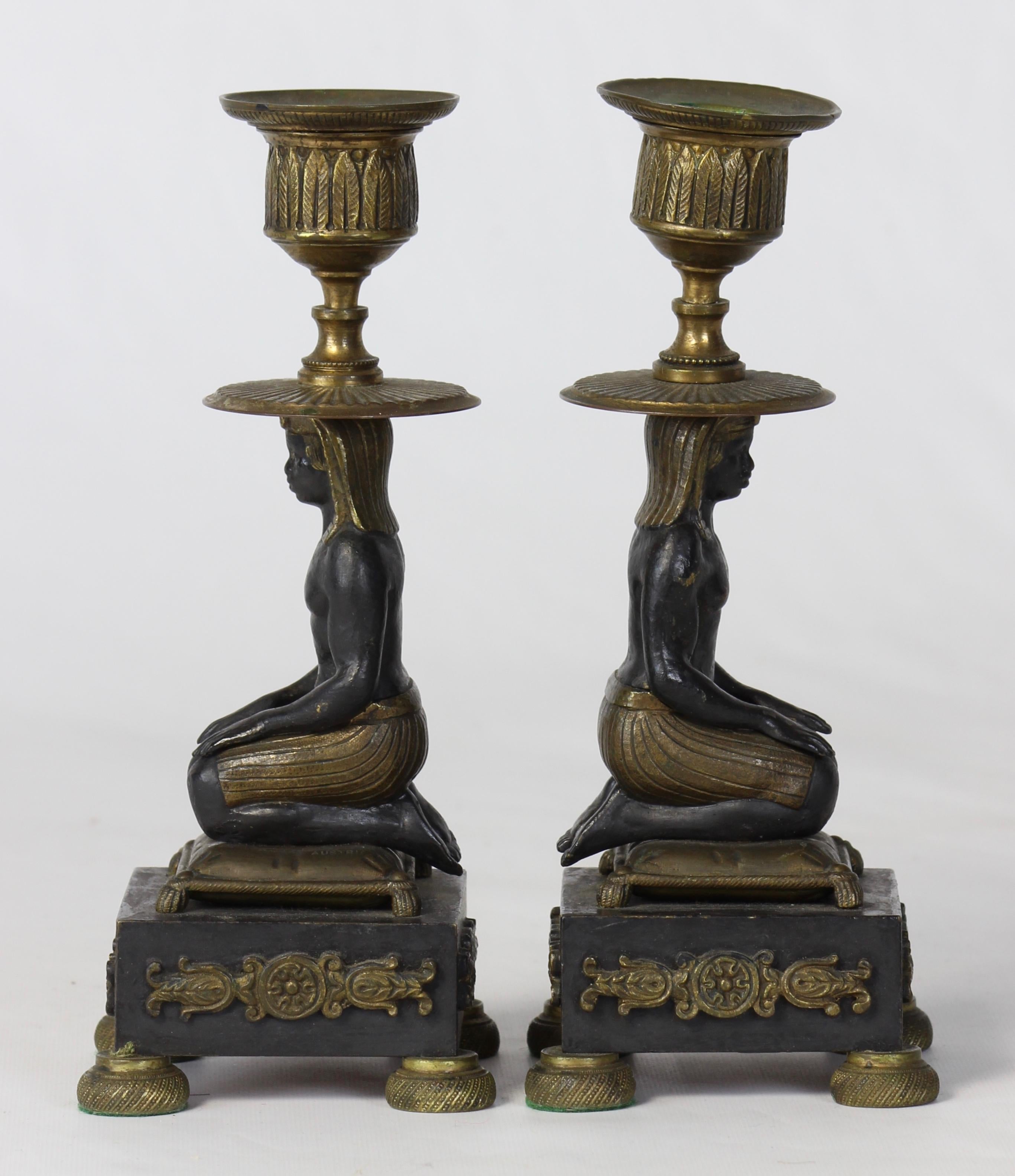 Bronze Pair of Early 19th Century Egyptian Revival Candlesticks
