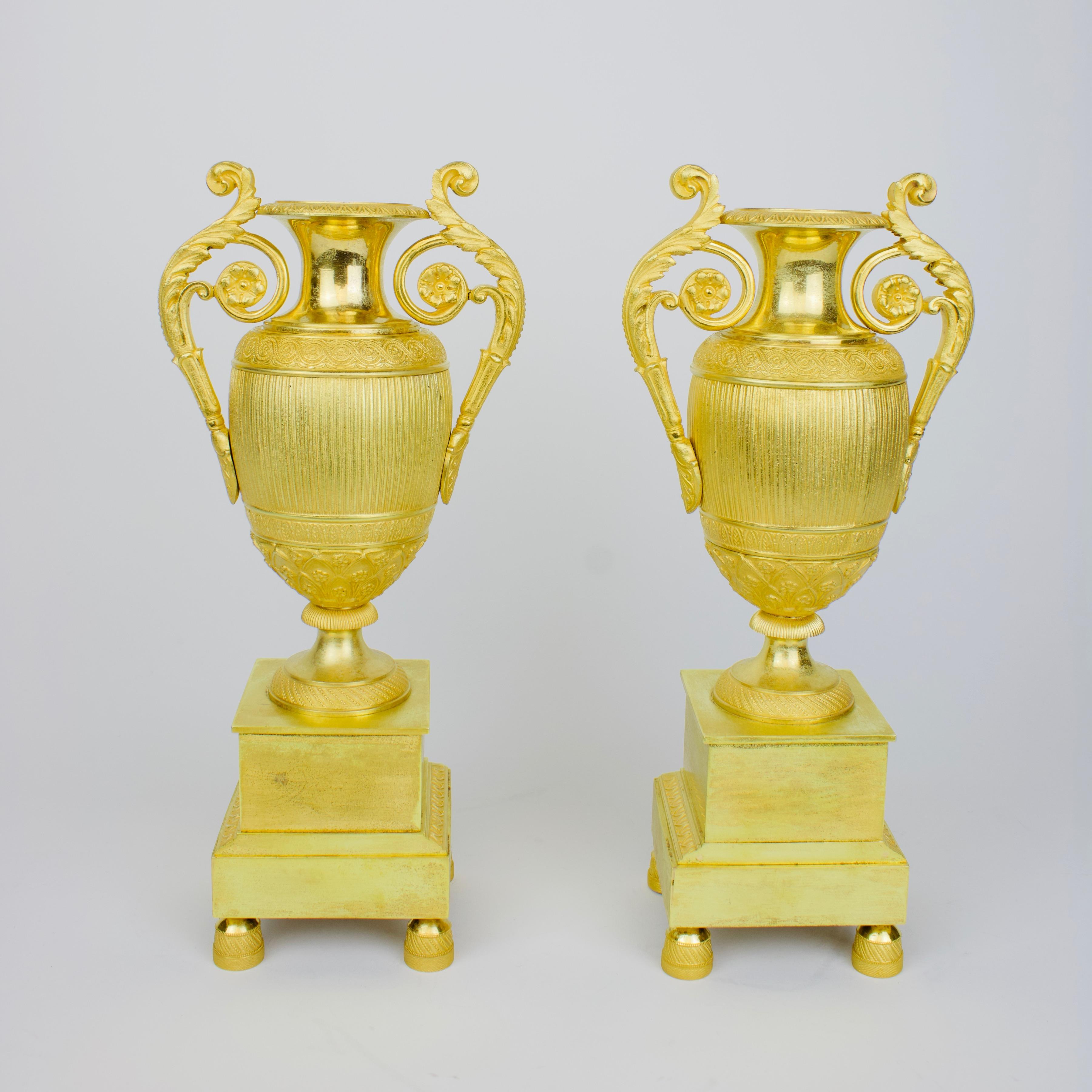 French Pair of Early 19th Century Empire Gilt Bronze Neoclassical Vases