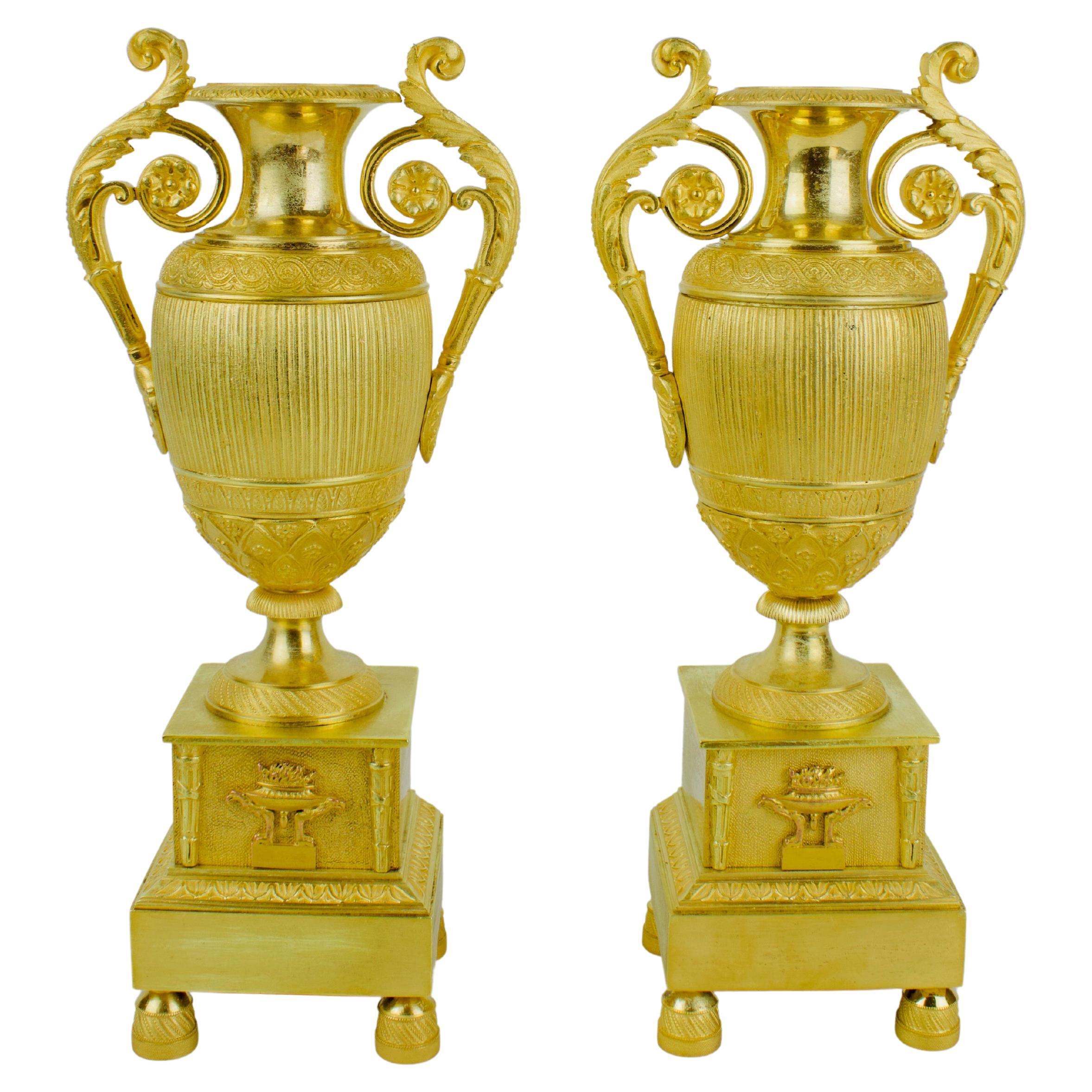 Pair of Early 19th Century Empire Gilt Bronze Neoclassical Vases