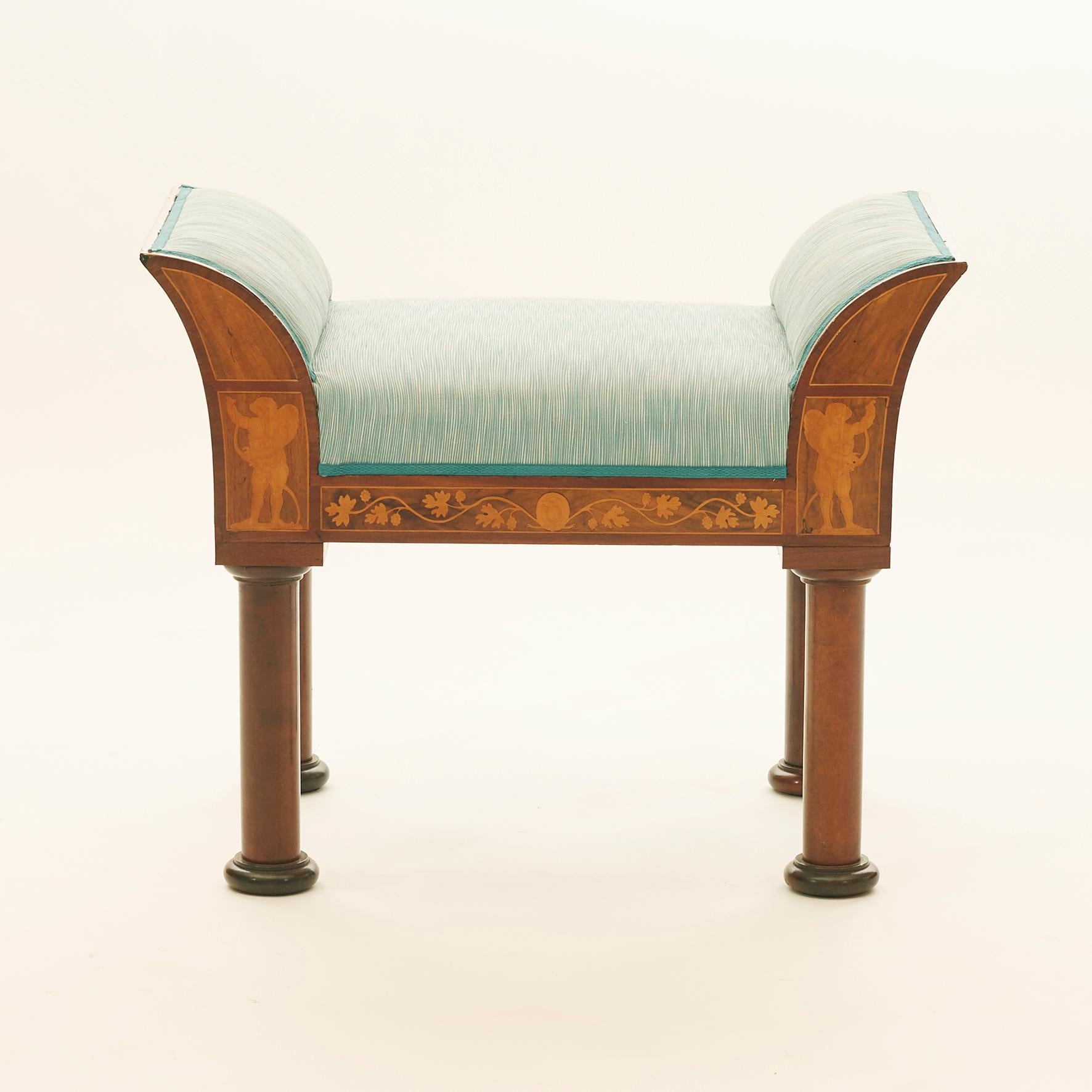 Pair of Empire stools, circa 1810. Elegant form, three sides with marquetry work in the form of figures and foliage. Copenhagen, circa 1810.
Sold as a pair.