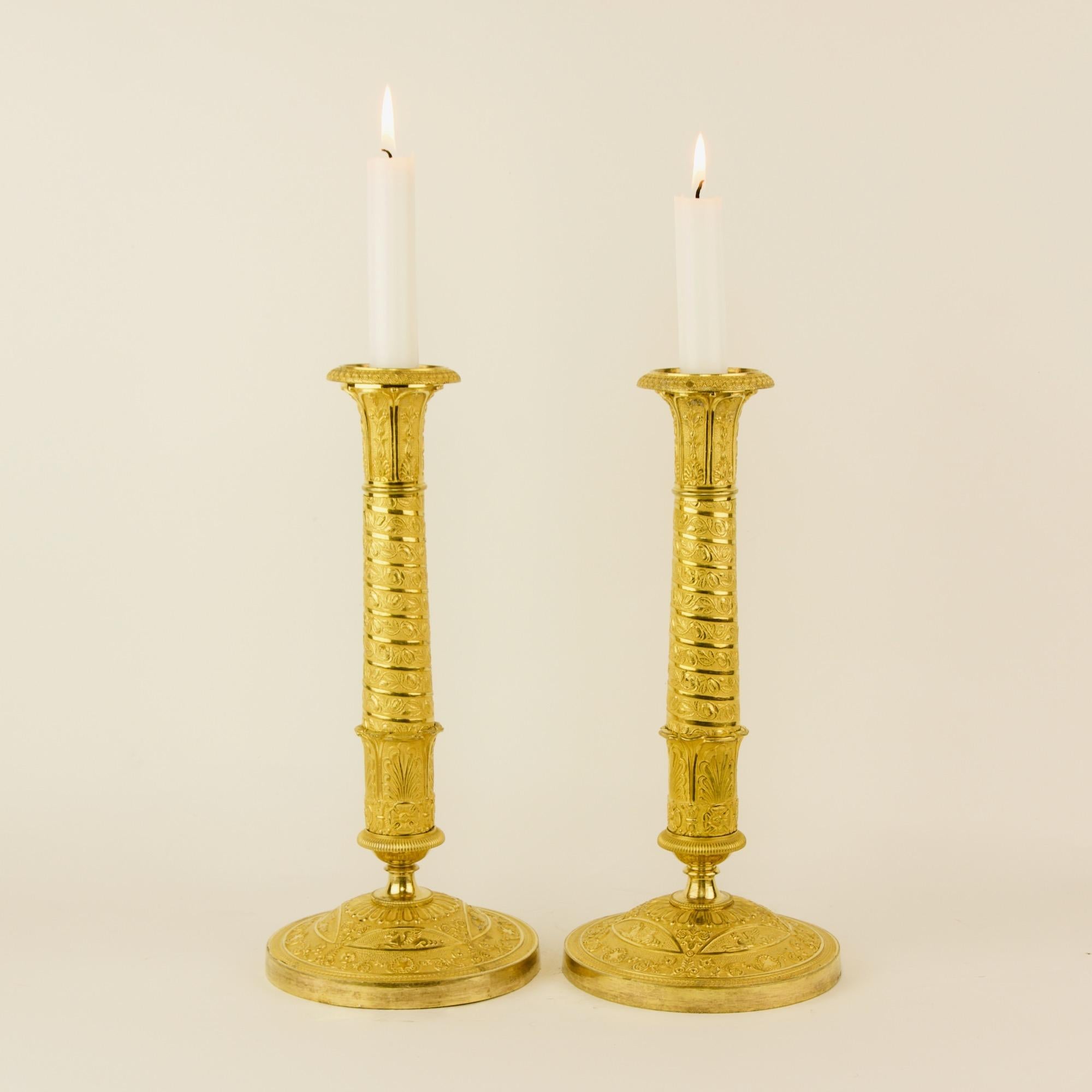Pair of Early 19th Century Empire Trajan's Column Ormolu Candlesticks 6