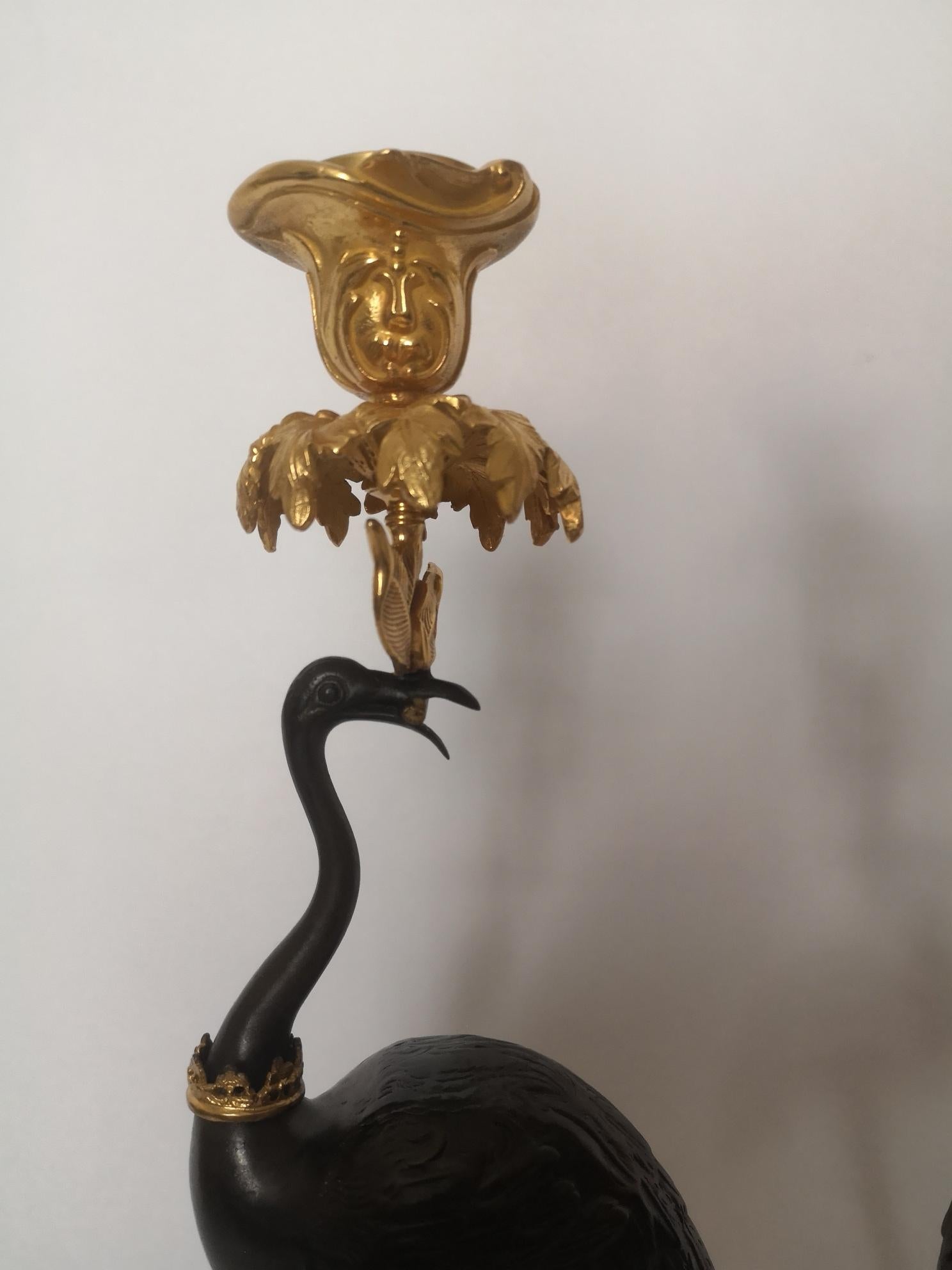Pair of Early 19th Century English Bronze and Gilt Stork Candlesticks by Abbot For Sale 2
