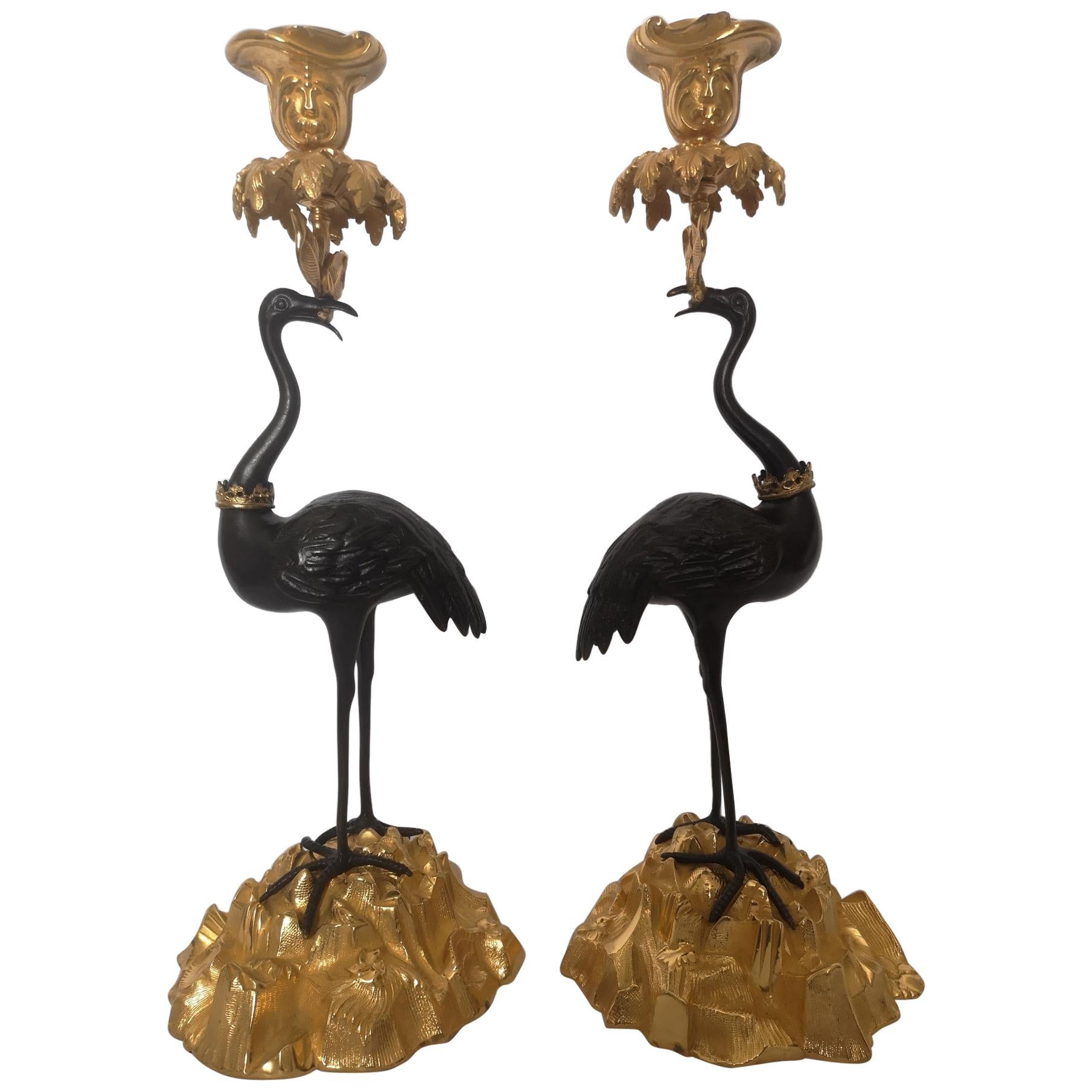 Pair of Early 19th Century English Bronze and Gilt Stork Candlesticks by Abbot For Sale