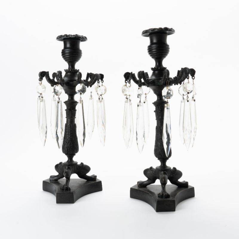 Pair of Early 19th Century English Cast Bronze Candlesticks with Luster Rings For Sale 1