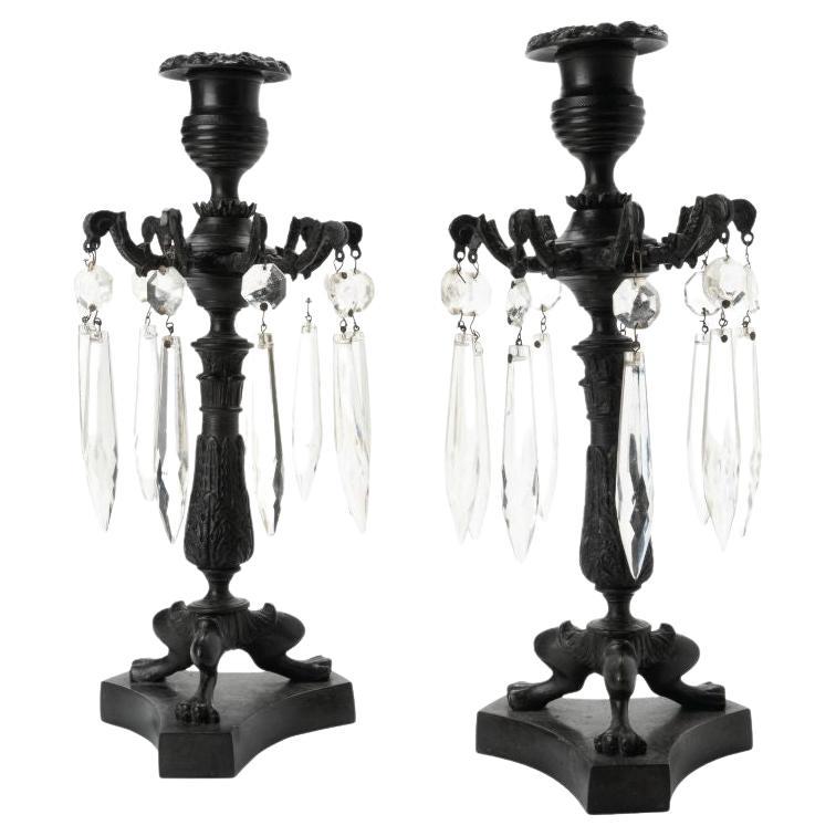 Pair of Early 19th Century English Cast Bronze Candlesticks with Luster Rings For Sale