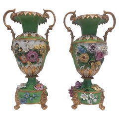 Pair of Early 19th Century English Derby Vases with Encrusted Florals