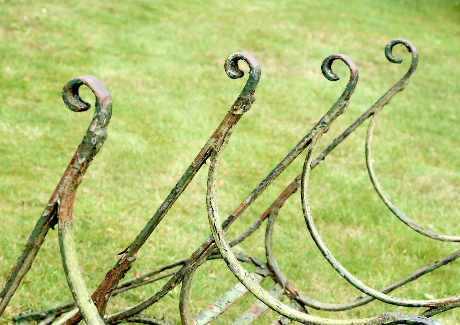 Wrought Iron Pair of Early 19th Century English Green Painted Iron Garden Side Chairs For Sale