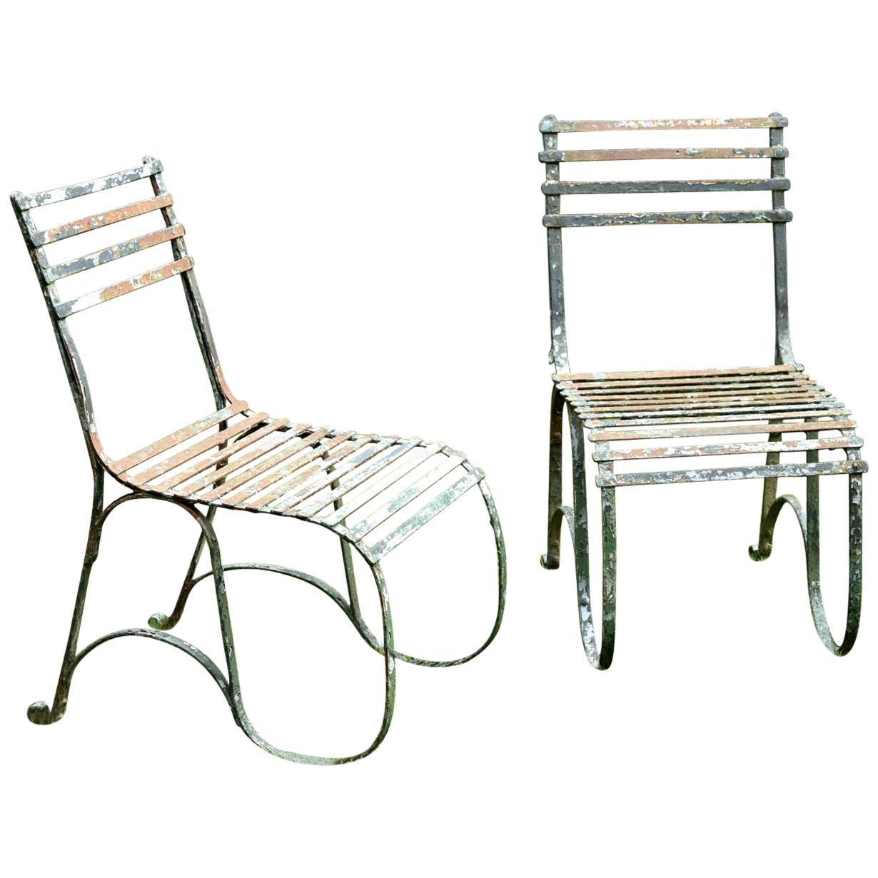 Pair of Early 19th Century English Green Painted Iron Garden Side Chairs For Sale